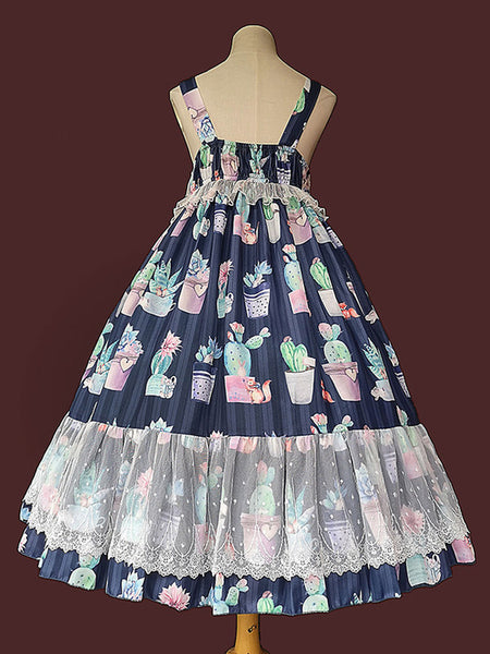 Japanese Style Lolita JSK Dress Fairytale Infanta Lace Sleeveless Deep Blue Sweet Lolita Jumper Skirts