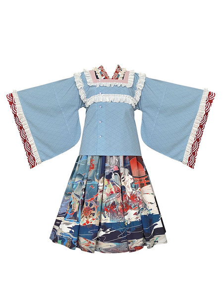 Japanese Style Lolita JSK Dress Light Sky Blue Sleeveless Polyester Bowknots Ruffle Traditional Japanese Style Lolita Jumper Skirts