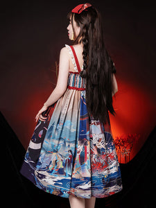 Japanese Style Lolita JSK Dress Light Sky Blue Sleeveless Polyester Bowknots Ruffle Traditional Japanese Style Lolita Jumper Skirts