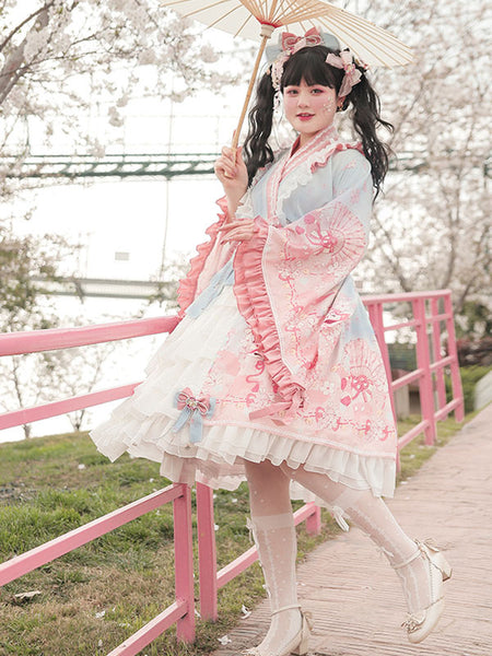 Japanese Style Lolita OP Dress Bows Pink Floral Print Long Sleeves Sweet Lolita One Piece Dresses