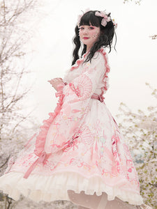 Japanese Style Lolita OP Dress Bows Pink Floral Print Long Sleeves Sweet Lolita One Piece Dresses