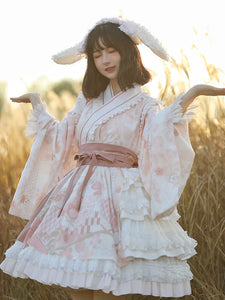 Japanese Style Lolita OP Dress Long Sleeve Floral Print Pink Bows Sweet Lolita One Piece Dresses