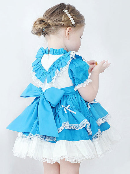 Kids Sweet Lolita Dress Sky Blue Ruffles Lace Bows Short Sleeve Polyester Sweet Lolita One Piece Dresses