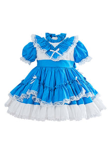 Kids Sweet Lolita Dress Sky Blue Ruffles Lace Bows Short Sleeve Polyester Sweet Lolita One Piece Dresses