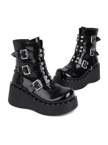 Lolita Ankle Boots Round Toe PU Leather Black Lolita Footwear