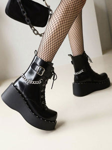Lolita Ankle Boots Round Toe PU Leather Black Lolita Footwear
