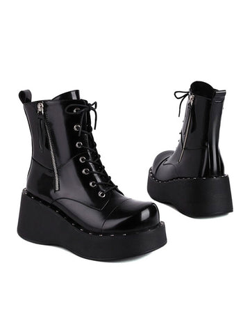 Lolita Ankle Boots Round Toe Zipper PU Leather Black Lolita Footwear
