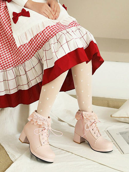 Lolita Ankle Pink PU Leather Round Toe Chunky Heel Sweet Lolita Booties Footwear