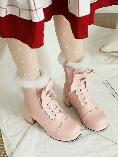 Lolita Ankle White PU Leather Bows Round Toe Lolita Footwear Sweet Lolita Boots