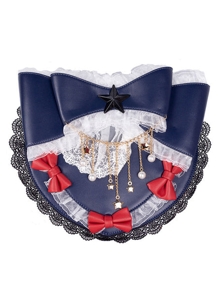 Lolita Bag PU Leather PearlsBows Lace Bow PU Leather Cross-body Bag Dark Navy Lolita Accessories