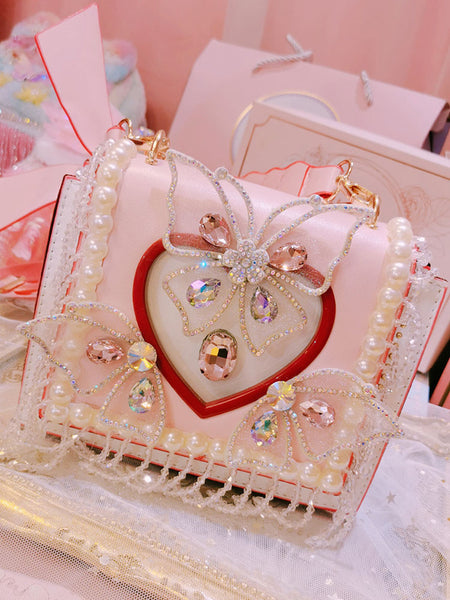 Lolita Bag Pink Butterfly Pattern Studded Rhinestones Handbag PU Leather Lolita Accessories