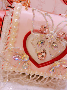 Lolita Bag Pink Butterfly Pattern Studded Rhinestones Handbag PU Leather Lolita Accessories