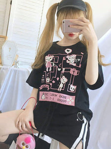Lolita Blouse For Women Black Polyester Jewel Neck Short Sleeves Casual T-Shirt