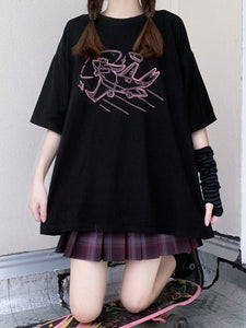 Lolita Blouse For Women Black Polyester Jewel Short Sleeves Black Lolita T-SHirt