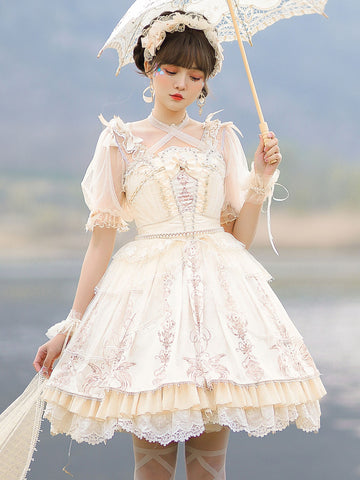 Lolita Blouses Light Apricot Half Sleeves Bows Polyester Bowknot Lolita Top Sweet Lolita Shirt