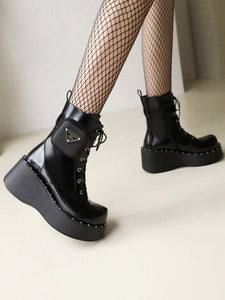 Lolita Boots PU Leather Round Toe Black Lolita Footwear