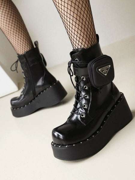 Lolita Boots PU Leather Round Toe Black Lolita Footwear