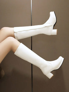 Lolita Boots PU Leather Round Toe Chunky Heel White Lolita Mid Calf Footwear