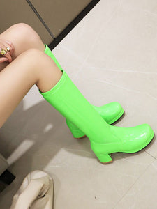 Lolita Boots PU Leather Round Toe Chunky Heel White Lolita Mid Calf Footwear