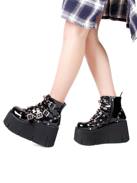 Lolita Boots PU Leather Round Toe Wedge Heel Harajuku Fashion Black Lolita Footwear