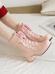 Lolita Boots Pink PU Leather Round Toe Chunky Heel Lolita Ankle Sweet Booties Footwear