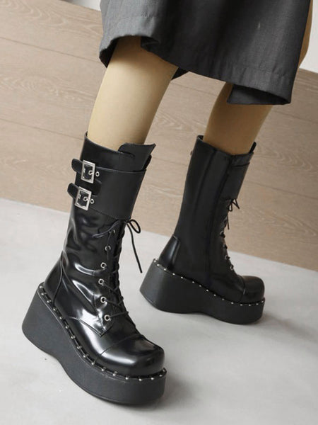 Lolita Boots Round Toe PU Leather Lace Up Black Lolita Footwear