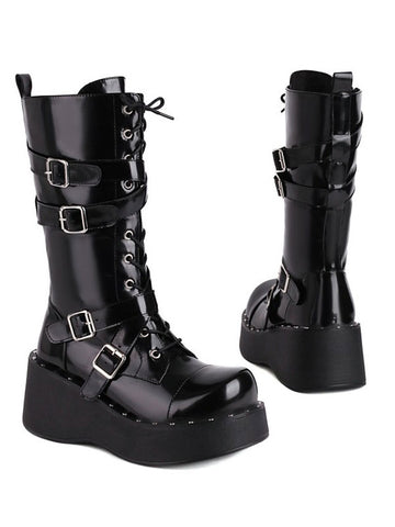 Lolita Boots Round Toe PU Leather Lace Up Black Lolita Footwear