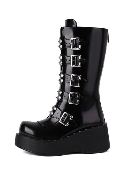 Lolita Boots Round Toe Zipper PU Leather Black Lolita Footwear