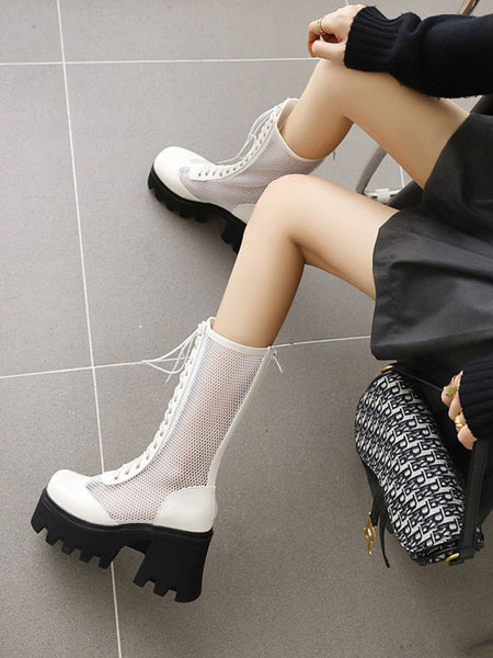 Lolita Boots White PU Leather Round Toe Mid-Calf Lolita Footwear Daily Casual Lolita Boots