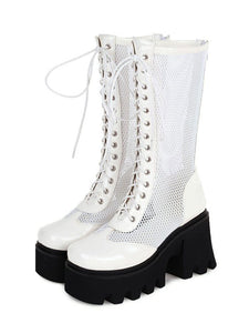 Lolita Boots White PU Leather Round Toe Mid-Calf Lolita Footwear Daily Casual Lolita Boots