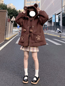 Lolita Coats Coffee Brown Pom Poms Color Block Overcoat Polyester Fall Lolita Outwears