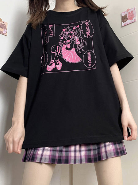 Lolita Corset For Women Jewel Neck Short Sleeves Black Polyester T-Shirt