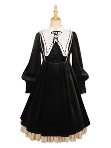 Lolita Dress 2-Piece Set Polyester Accessory Long Sleeves Ruffles Black Lolita Jumper Skirt
