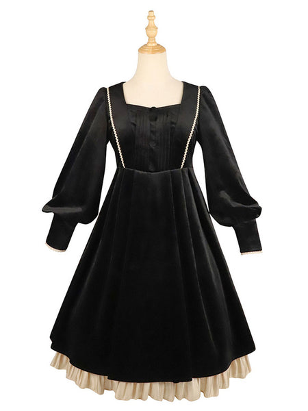 Lolita Dress 2-Piece Set Polyester Accessory Long Sleeves Ruffles Black Lolita Jumper Skirt