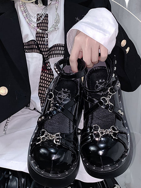Lolita Footwear Black Bows Lace Up Round Toe PU Leather Lolita Pumps