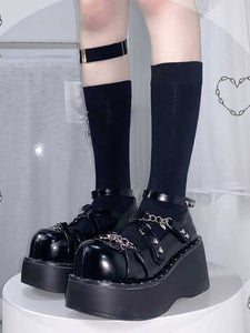 Lolita Footwear Black Bows Lace Up Round Toe PU Leather Lolita Pumps