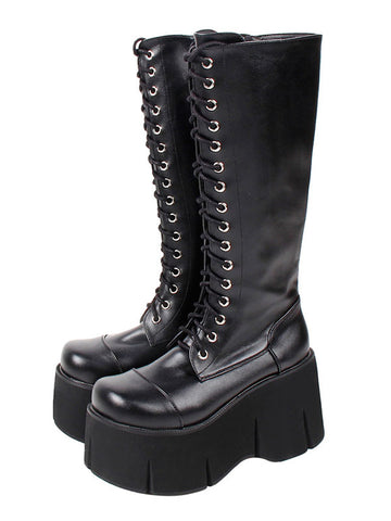 Lolita Mid-Calf Boots PU Leather Round Toe Wedge Heel Harajuku Fashion Black Lolita Footwear