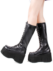 Lolita Mid-Calf Boots PU Leather Round Toe Wedge Heel Harajuku Fashion Black Lolita Footwear