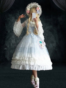 Lolita OP Dress 4-Piece Set Baby Blue Ruffles Long Sleeve Lolita One Piece Dresses