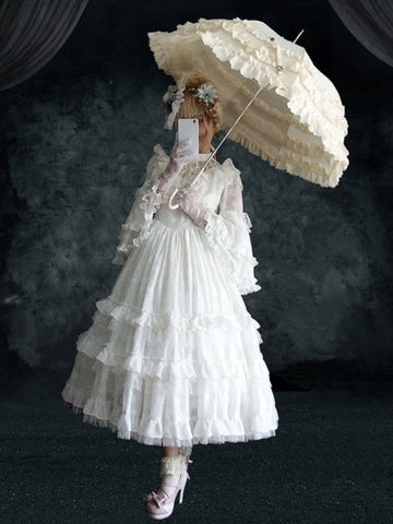 Lolita OP Dress 4-Piece Set White Ruffles Long Sleeve Lolita One Piece Dresses