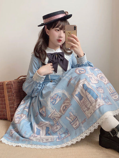 Lolita OP Dress Baby Blue Long Sleeves Bowknot Lolita One Piece Dresses