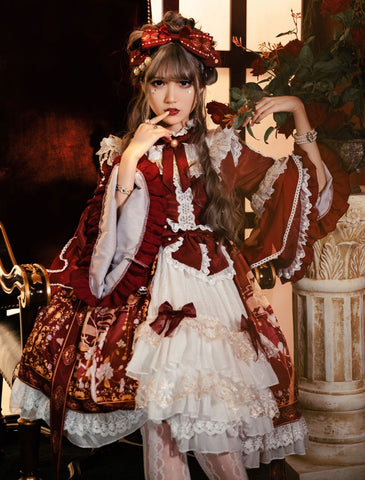Lolita OP Dress Burgundy Long Sleeve Bows Polyester Lolita One Piece Dresses