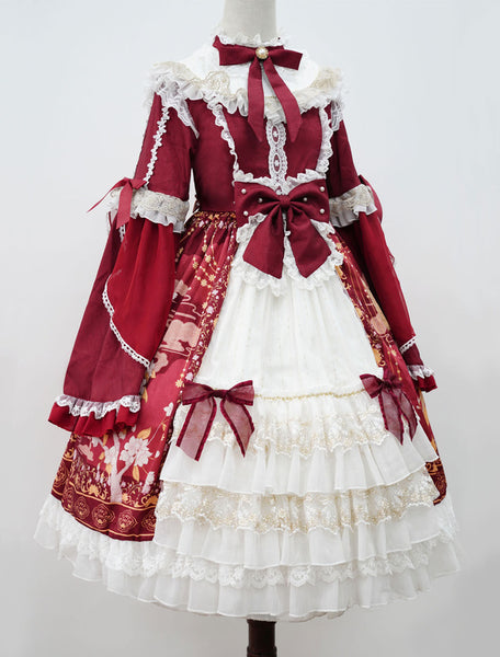 Lolita OP Dress Burgundy Long Sleeve Bows Polyester Lolita One Piece Dresses