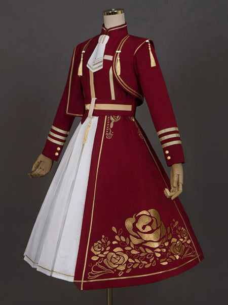 Lolita Outfits Burgundy Rose Pattern Long Sleeves Academic Lolita Overcoat Dress