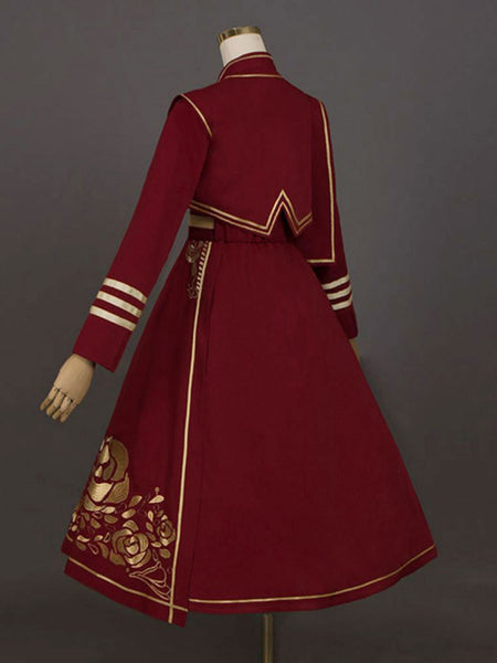 Lolita Outfits Burgundy Rose Pattern Long Sleeves Academic Lolita Overcoat Dress