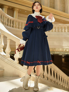Lolita Poncho Coats Dark Navy Peter Pan Collar Bows Polyester Spring Lolita Outwears