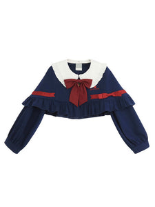Lolita Poncho Coats Dark Navy Peter Pan Collar Bows Polyester Spring Lolita Outwears