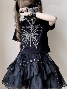 Lolita T Shirt For Women Black Butterfly Pattern Short Sleeves Polyester Gothic Lolita Blouse