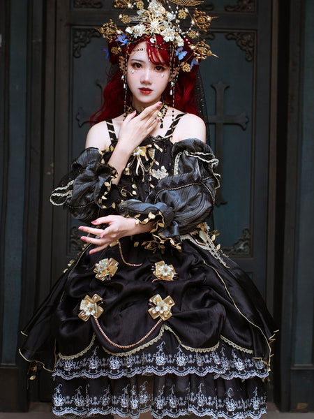 Lolita Wedding Dress Lolita JSK Dress Black Gold Sleeveless Beaded Lace Lolita Jumper Skirts
