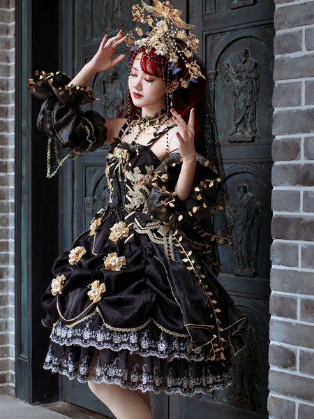 Lolita Wedding Dress Lolita JSK Dress Black Gold Sleeveless Beaded Lace Lolita Jumper Skirts